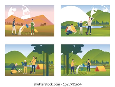 Planting forest illustration set. People camping outdoors, planting trees, watering seedlings. Nature concept. Vector illustration for posters, presentations, landing pages