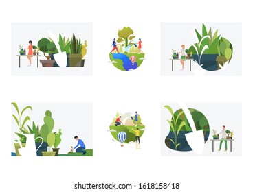 Planting and gardening set. People growing houseplants, watering plants outdoors. Flat vector illustrations. Nature, hobby, environment concept for banner, website design or landing web page