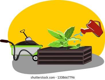 Planting and gardening, soil, seedlings, shovels, watering, smooth design,vector illustration, agricultural concepts Gardening, small kitchen in the house,science and technology for education children