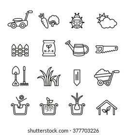 planting and gardening tools and objects icons. Line Style stock vector.