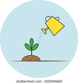 Planting a green tree with agricultural soil and watering it in a yellow jug on a white background
