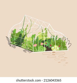 Planting greenhouse. Glass orangery, botanical garden greenhouse isolated on beige. Growing greenery in pots. Flat garden vector illustration