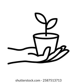 Planting icon in line style. Hands are presenting a flower pot