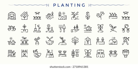 Conjunto de iconos de plantación. Conjunto de iconos web de línea delgada mínima. Naturaleza colección de iconos lineales. Contiene agricultura, árbol, jardinería, eco, jardín, ecología, agricultura y más.