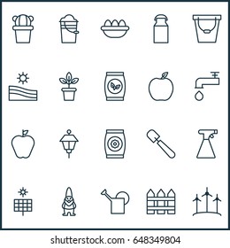 Planting Icons Set. Collection Of Flowerpot, Taste Apple, Barrier And Other Elements. Also Includes Symbols Such As Pail, Shovel, Wind.