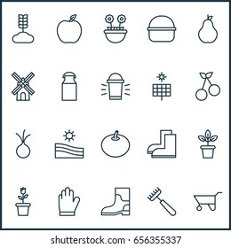 Planting Icons Set. Collection Of Package, Mill, Rake And Other Elements. Also Includes Symbols Such As Bottle, Radish, Peach.