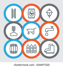 Planting Icons Set. Collection Of Wheelbarrow, Lantern, Gardening Shoes And Other Elements. Also Includes Symbols Such As Step, Seed, Lantern.