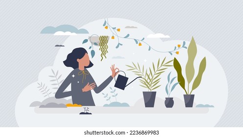 Plantar en el interior como hobby femenino con el concepto de persona diminuta que cultiva plantas. Proceso botánico con cultivo de semillas y riego de hierbas con ilustración vectorial de fertilizante. Salta en maceta como decoración casera.