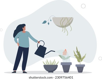 Planting indoors as female hobby with plant growing.Botany process with seeds cultivation and herb watering with fertilizer flat vector illustration.
