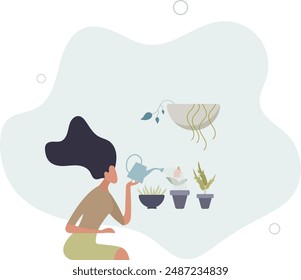 Planting indoors as female hobby with plant growing.Botany process with seeds cultivation and herb watering with fertilizer.flat design.illustration with people.