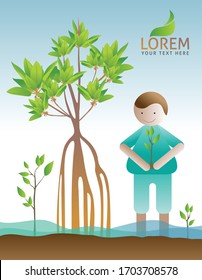 Planting mangrove trees background vector EPS 10.