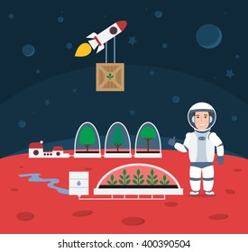 planting on mars concept illustration.astronaut farmer planting plants and trees on mars rocket with cargo freight box.colonization of mars.