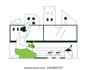 Planting plant seedlings on the balcony of the house by planting them in a wooden box that has been given fertilizer, vector illustration of urban farming.