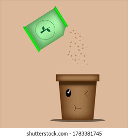 A planting pot mascot character illustration is getting its plant and soil fertilized and can't wait to see how its plant grows 