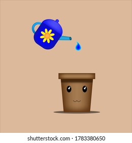 Planting pot mascot illustration which is about to get watered with fresh water and ready to grow its plant