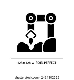 Planting robot black glyph icon. Seed sowing machine. Agricultural automation. Farm equipment. Artificial intelligence. Silhouette symbol on white space. Solid pictogram. Vector isolated illustration