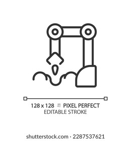 Planting robot linear icon. Seed sowing machine. Agricultural automation. Farm equipment. Artificial intelligence. Thin line illustration. Contour symbol. Vector outline drawing. Editable stroke