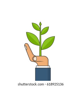 Planting sapling. Ecology concept. Man farmer, gardener holding a green sprout in hand. Care and environmental development. Vector illustration flat design. Isolated on white background.