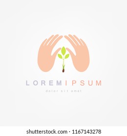 Planting sapling. Male farmer, gardener holding a green sprout in hand.Ecology concept. Vector illustration flat design.