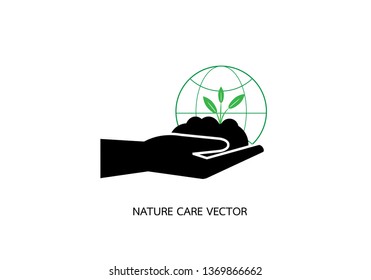 Planting sapling. Male farmer, gardener holding a green sprout in hand.Vector logo template. World Nature care concept.