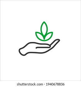 Planting sapling. Male farmer, gardener holding a green sprout in hand. Care and environmental development. Ecology concept. Vector illustration flat design.