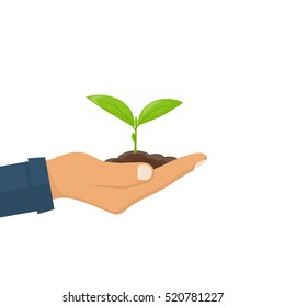 Planting sapling. Male farmer, gardener holding a green sprout in hand. Care and environmental development. Ecology concept. Vector illustration flat design. Isolated on white background.