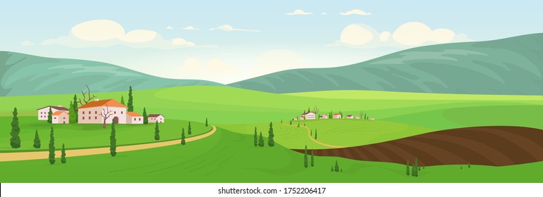 Planting season in hilltop villages flat color vector illustration. Small old towns 2D cartoon landscape. Spring view of country houses. Private villas in rural area. Natural scenery