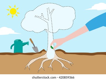 Planting a seed with a coloring book style concept for Arbor or Earth Days. Editable Clip Art.