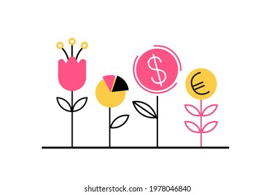 Planting the seed of the dollar, euro and financial well-being. Financial growth concept. Vector illustration in flat style