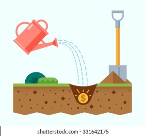 Planting the seed of the dollar. Financial growth concept. Vector illustration in flat style