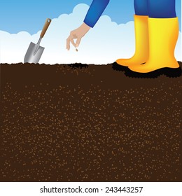 Planting a seed in a vegetable garden background EPS 10 vector stock illustration