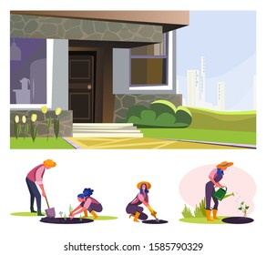 Planting seedling flat vector illustration set. Farmer couple enjoying gardening, watering plants. Farming, agriculture concept