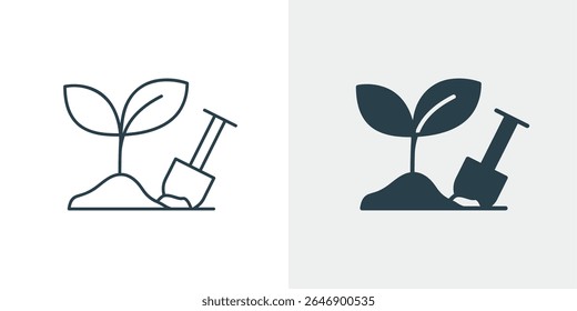Plantando Muda com vetor de ícone de pá. Natureza, Crescimento e Símbolo de Jardinagem em Estilos Sólidos e em Linha