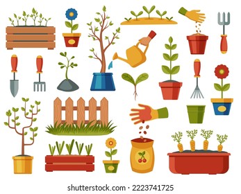 Planting seeds collection. Cartoon garden tools, gardening equipment flowerpot watering can pot shovel gloves, agriculture cultivating concept. Vector set. Growing saplings and flowers
