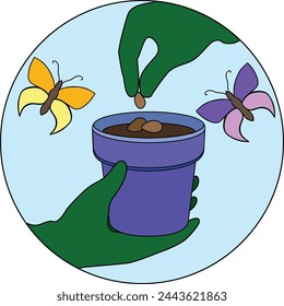 Planting seeds in a flower pot icon on the theme of gardening with planting - vector full color picture. Hands in gloves plant a plant