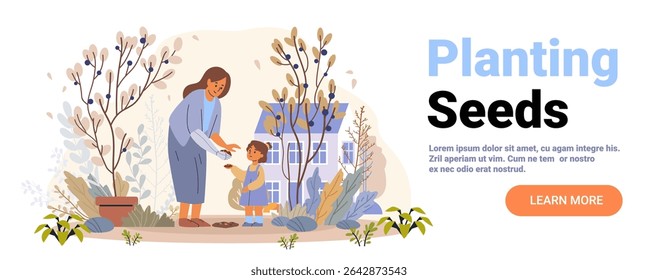 Planting seeds gardening family outdoor activity mother and child together in garden soil surrounded by plants house background website banner