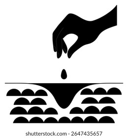 Plantando sementes para germinação. Mão joga uma semente em um buraco cavado em solo solto. Silhueta. Ilustração vetorial. Estilo de desenho animado. Fundo branco isolado. Ideia para web design.