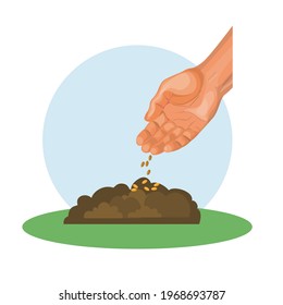 Planting seeds in the ground. Vector illustration isolated on white background