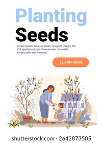 Planting seeds mother and child gardening together outdoor house garden colorful plants bushes website banner
