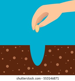 Planting seeds in open ground, vector illustration. Flat style.