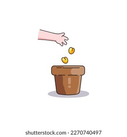 Planting seeds in a pot. Vector illustration with hand, seeds and flowerpot isolated on white background. Cartoon seeding icon.