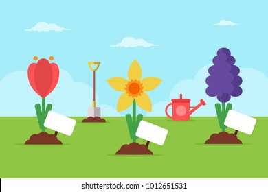 Planting Spring Flowers. Flat Design Style.