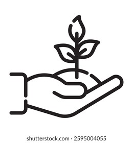 Planting and sustainability outline icon, hand holding soil with sprout, eco-friendly growth concept, black and white vector illustration isolated on white background.