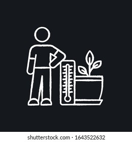Planting temperature range chalk white icon on black background. Providing proper air temperature conditions for plants. Plant growing. Indoor gardening. Isolated vector chalkboard illustration