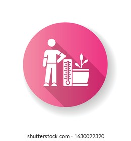 Planting temperature range pink flat design long shadow glyph icon. Providing proper air temperature conditions for plants. Houseplant care. Indoor gardening. Silhouette RGB color illustration