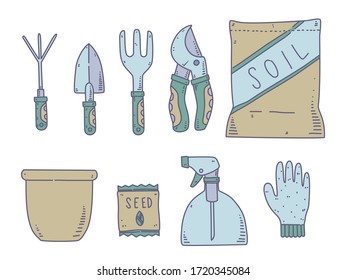 Las herramientas de plantación esbozan la ilustración en el vector