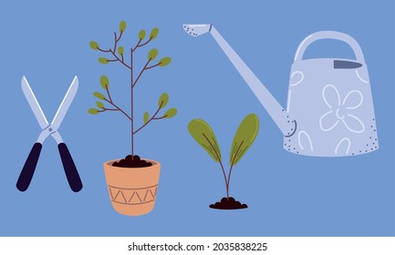 planting tools scissors and watering can