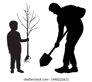 Planting tree with baby. Man holds a spade and child holds a tree seedling. Silhouette vector on white background