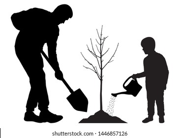 Planting tree with child. Father and son plant a tree seedling. Silhouette vector on white background