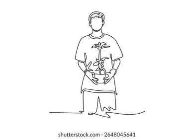 Planting tree in city concept. Single line draw design. Vector graphic illustration